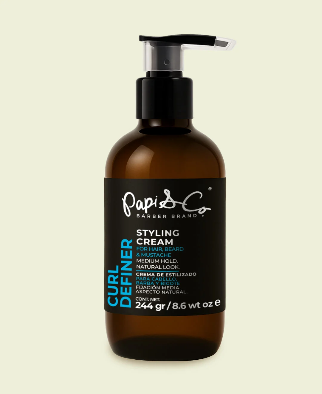 Crema para definir rizos Curl Definer Styling Cream de Papi & Co. en envase ámbar con dosificador, 244 g.