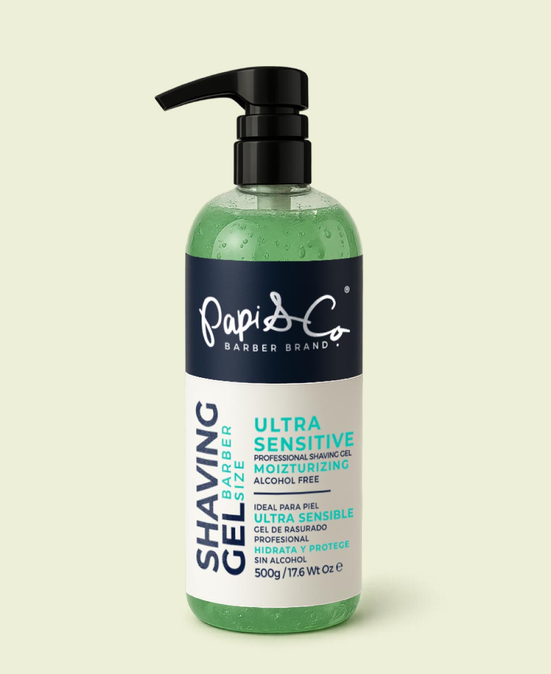 Shaving Gel Ultra Sensitive Barber Size de Papi & Co para piel sensible, gel de afeitar transparente, hidratante y libre de alcohol