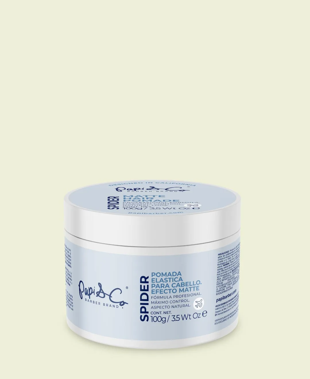 SPIDER Pomade Matte Effect de Papi & Co, pomada de telaraña con fijación fuerte y acabado mate para cabello masculino con estilo definido.