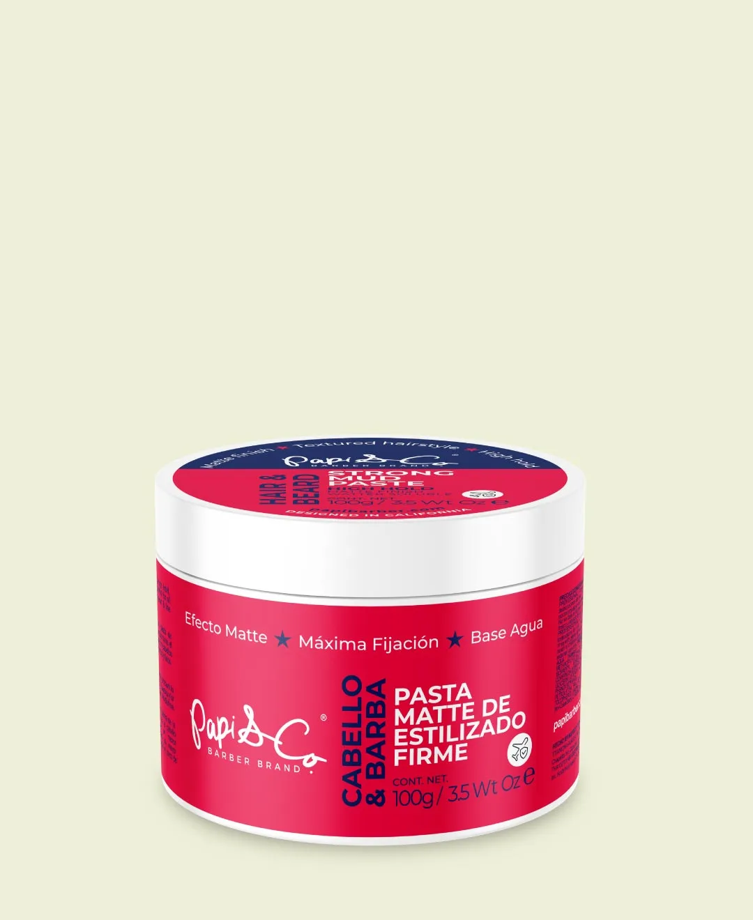 Strong Matte Paste Hair & Beard de Papi & Co, pasta base agua con fijación fuerte y acabado mate para peinar cabello y barba sin brillo.