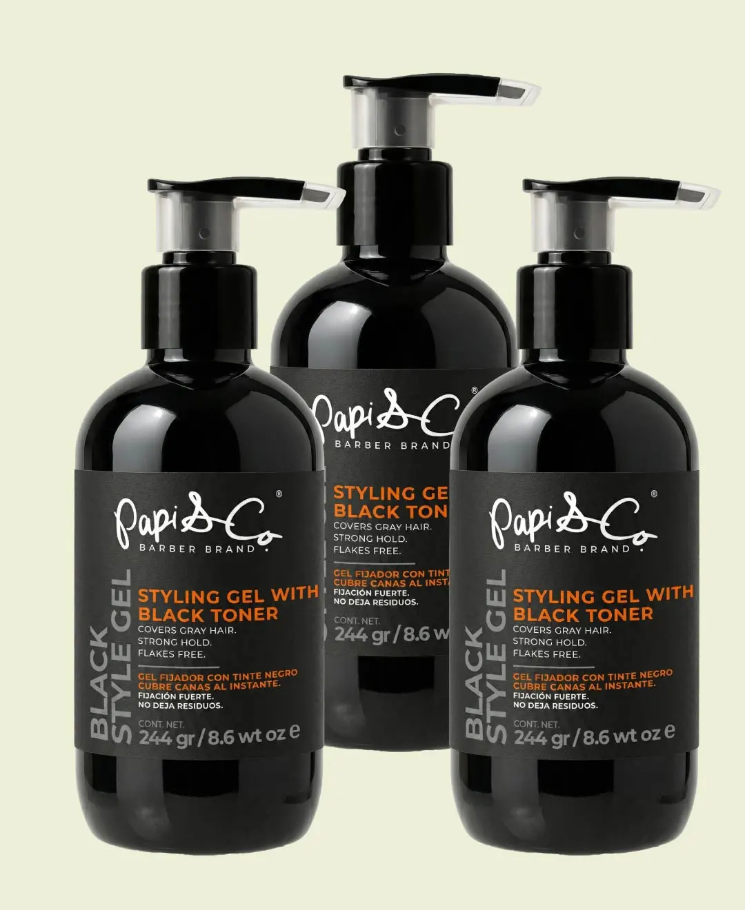 Pack Triple Black Style Gel Papi & Co gel negro para cubrir canas con fijación fuerte